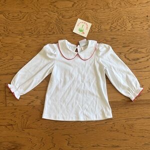 Shrimp & Grits White Long Sleeve Shirt with Embroidered Red Trim